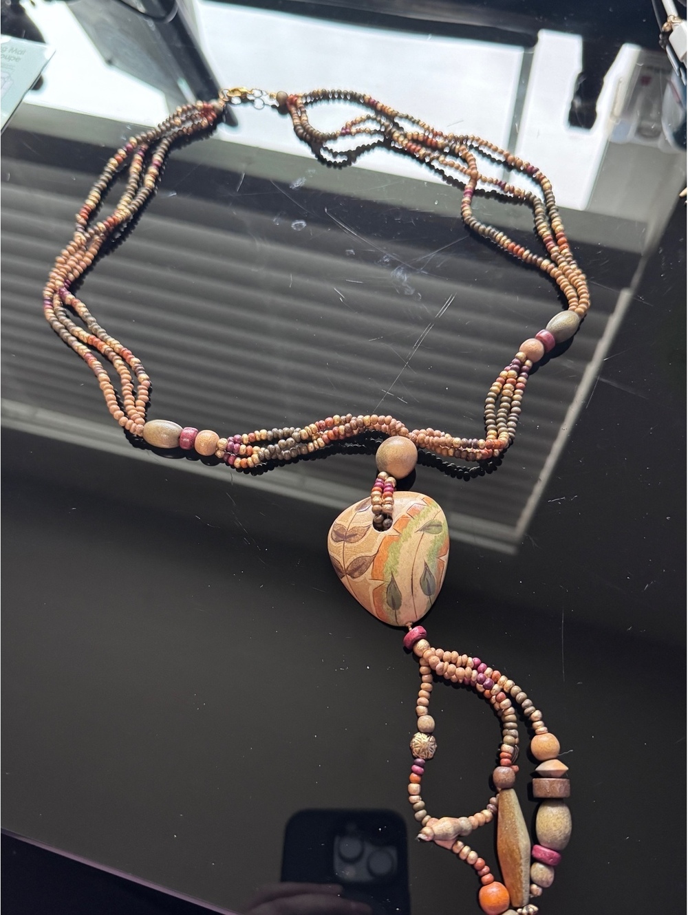 Boho Multi Strand Beaded Necklace Painted Wood Pendant Tassel Earth Tone State